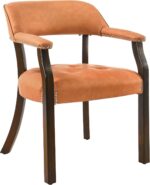 Tattva Woods Upholstered Captain Dining Chair with Arms – Orange PU Leather | Solid Wood Frame | Accent & Office Chair (Single)