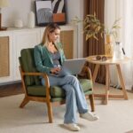 Tattva Woods Mid Century Modern Accent Chair – Green Linen Upholstered Lounge Armchair with Solid Wood Frame & Pillow - Image 4