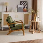 Tattva Woods Mid Century Modern Accent Chair – Green Linen Upholstered Lounge Armchair with Solid Wood Frame & Pillow - Image 3