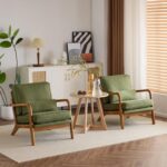 Tattva Woods Mid Century Modern Accent Chair – Green Linen Upholstered Lounge Armchair with Solid Wood Frame & Pillow - Image 2