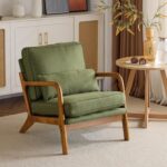 Tattva Woods Mid Century Modern Accent Chair – Green Linen Upholstered Lounge Armchair with Solid Wood Frame & Pillow