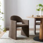 Tattva Woods Upholstered Fabric Dining Armchair in Mocha - Modern Curved Dining Chair with Open-Back - Living Room Barrel Lounge Chair - Single Upholstered Accent Chair with Arms
