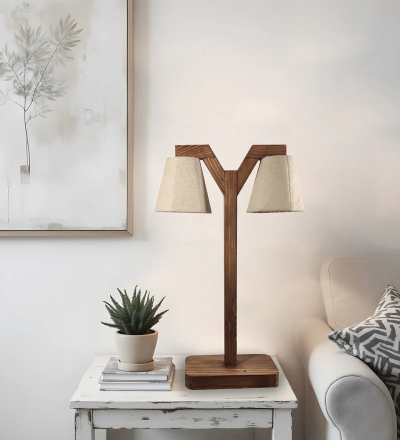 Elania-Brown-Wooden-Table-Lamp-3 Elania Wooden Table Lamp with Brown Base and Premium White Fabric Lampshade (BULB NOT INCLUDED) - Image 1