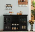 Sideboard Buffet Storage Cabinet with 2 Glass Doors & 2 Drawers Coffee Bar Modern Farmhouse Style Entryway Cabinet for Kitchen Dining Room Living Room, Black