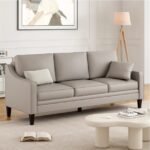 Modern 3-Seater Faux Leather Sofa with Curved Arms & Solid Wood Legs - Image 2