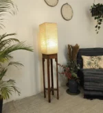 Sputnik Wooden Floor Lamp with Brown Base and Beige Fabric Lampshade (BULB NOT INCLUDED)